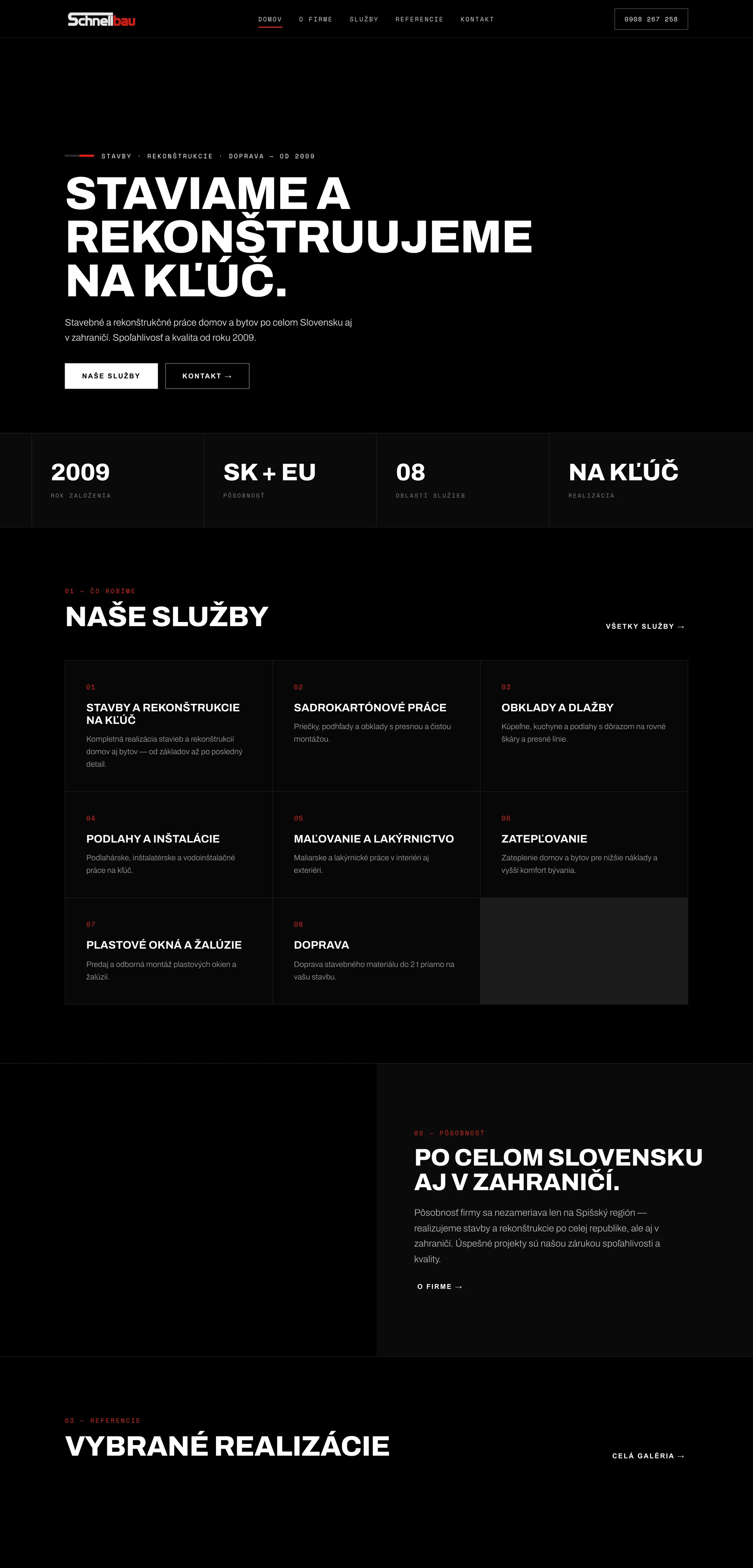 Redizajn webu Schnellbau – desktopová verzia s tmavým dizajnom, sekciami služieb a referencií