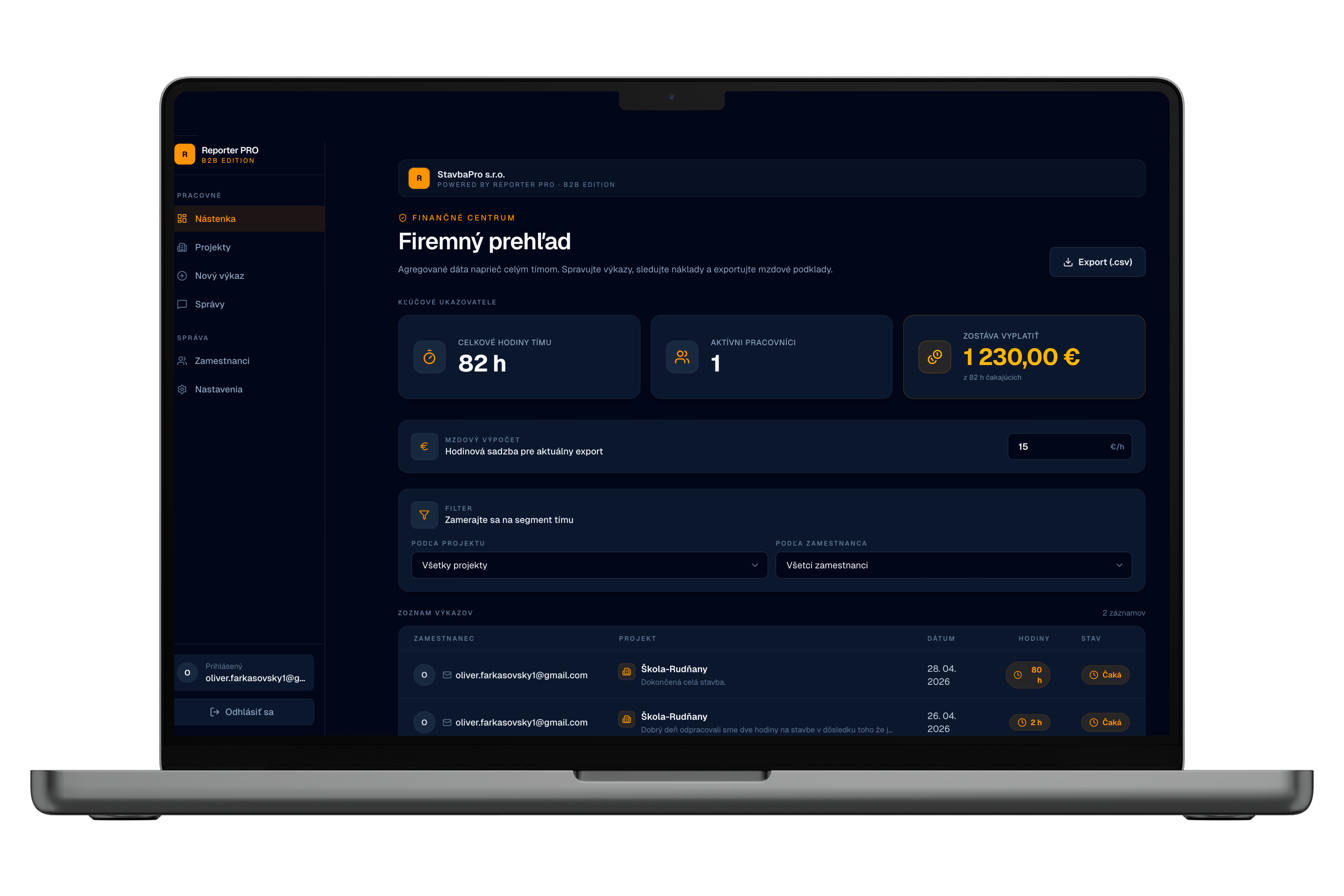 Reporter PRO – Firemný prehľad dashboard na MacBooku